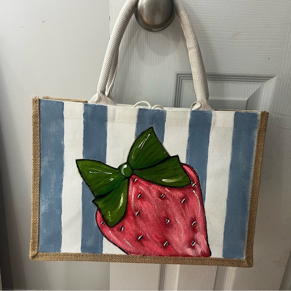 Strawberry Canvas Tote Bag - Green, Red, and Blue - Picture 2 of 8